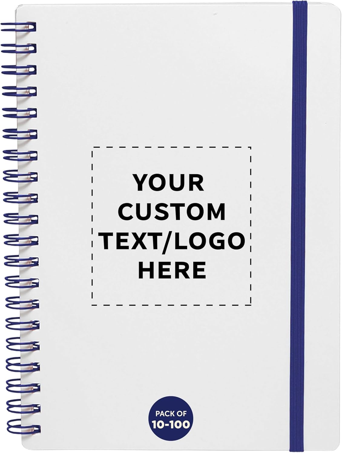 DISCOUNT PROMOS Custom White Spiral Notebooks with Elastic Band Pack Set of 10/50/100 Customizable Text Logo 80 Lined Pages Recycled - Blue