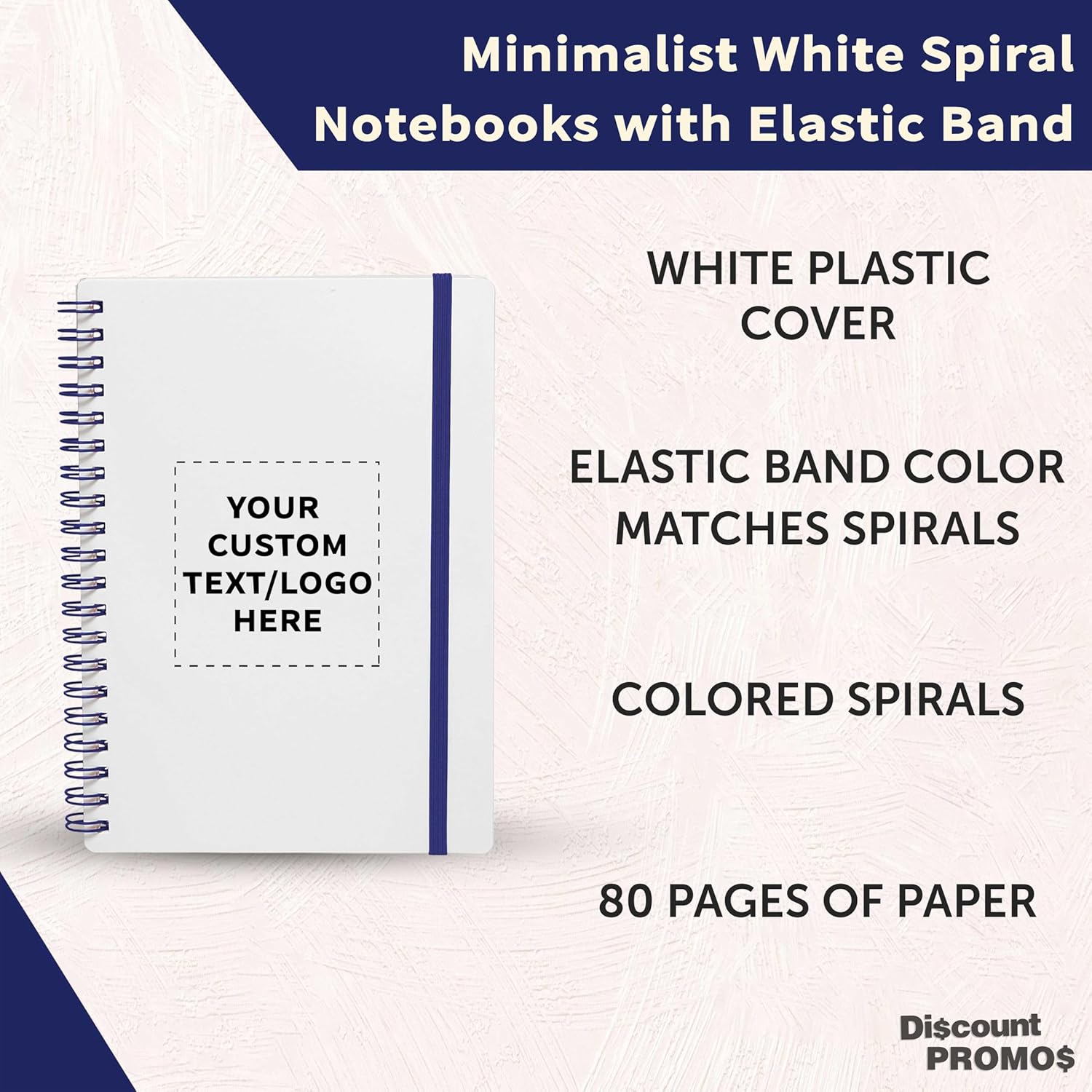 DISCOUNT PROMOS Custom White Spiral Notebooks with Elastic Band Pack Set of 10/50/100 Customizable Text Logo 80 Lined Pages Recycled - Blue - Image 3