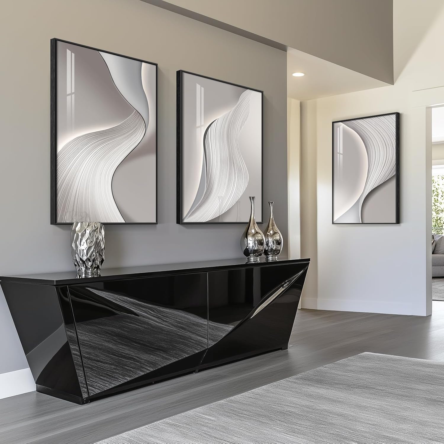 Large Framed Modern Abstract Wall Art for Living Room, Minimalist Bright Style Prints Wall Paintings Artwork for Walls, Silver Gray Contemporary Luxury Pictures for Hallway, Office Wall Decor 24x36 In - Image 2