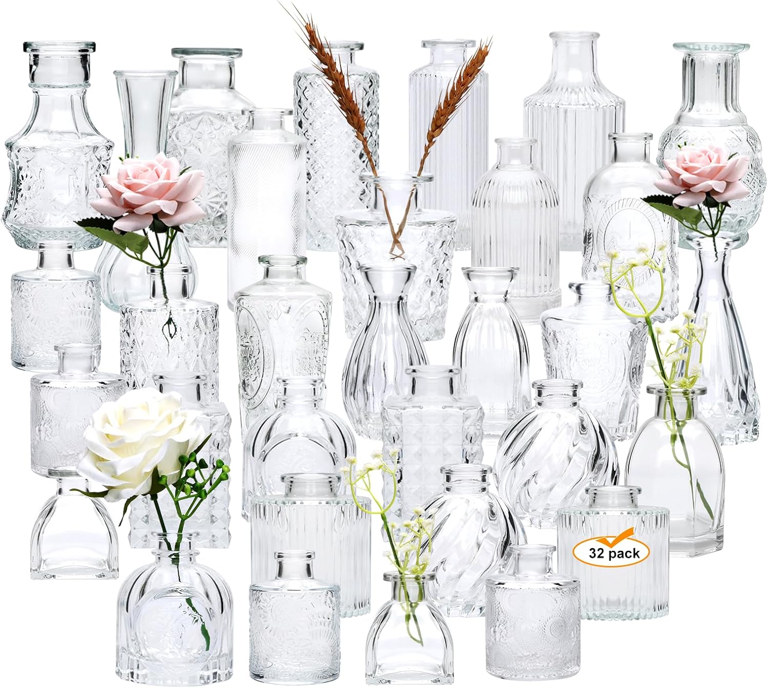 Glass Bud Vase Set of 32 pcs,Bud Vases in Bulk,Small Vases for Centerpieces, Mini Flower Vase Bulk for Rustic Wedding Home Table Decorations