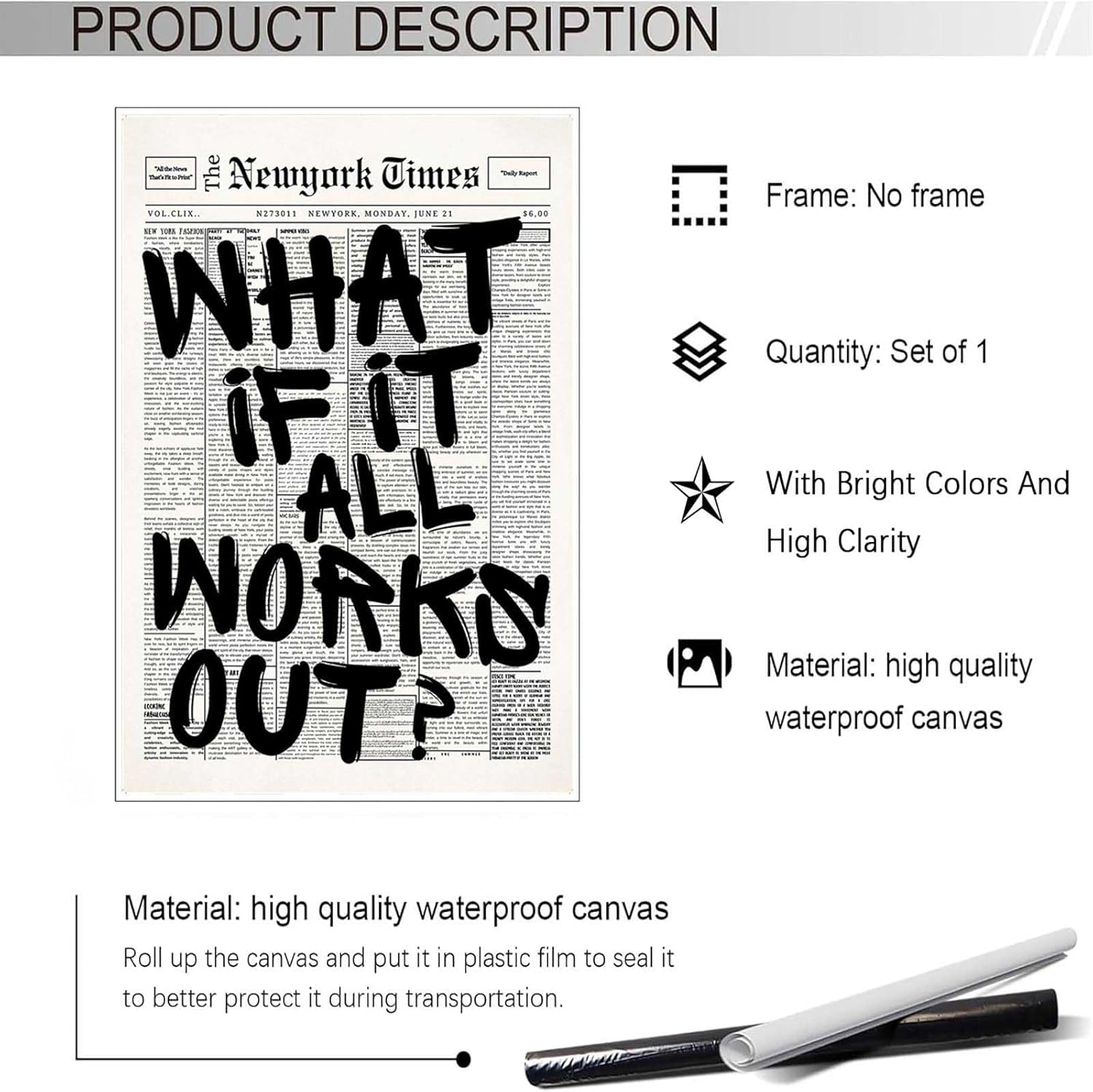 Retro Black And White Newspaper Poster What If It All Works Out Canvas Wall Art Positive Affirming Quote Minimalist Prints Painting For Home Bedroom Dorm Wall Decor 12x16in Unframed - Image 2