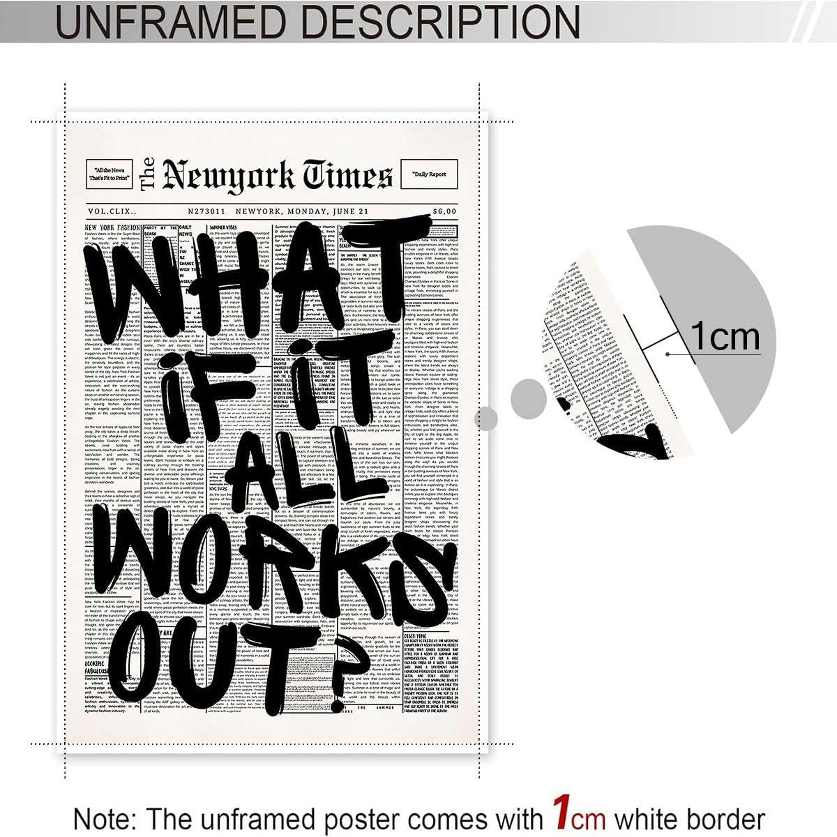 Retro Black And White Newspaper Poster What If It All Works Out Canvas Wall Art Positive Affirming Quote Minimalist Prints Painting For Home Bedroom Dorm Wall Decor 12x16in Unframed - Image 3