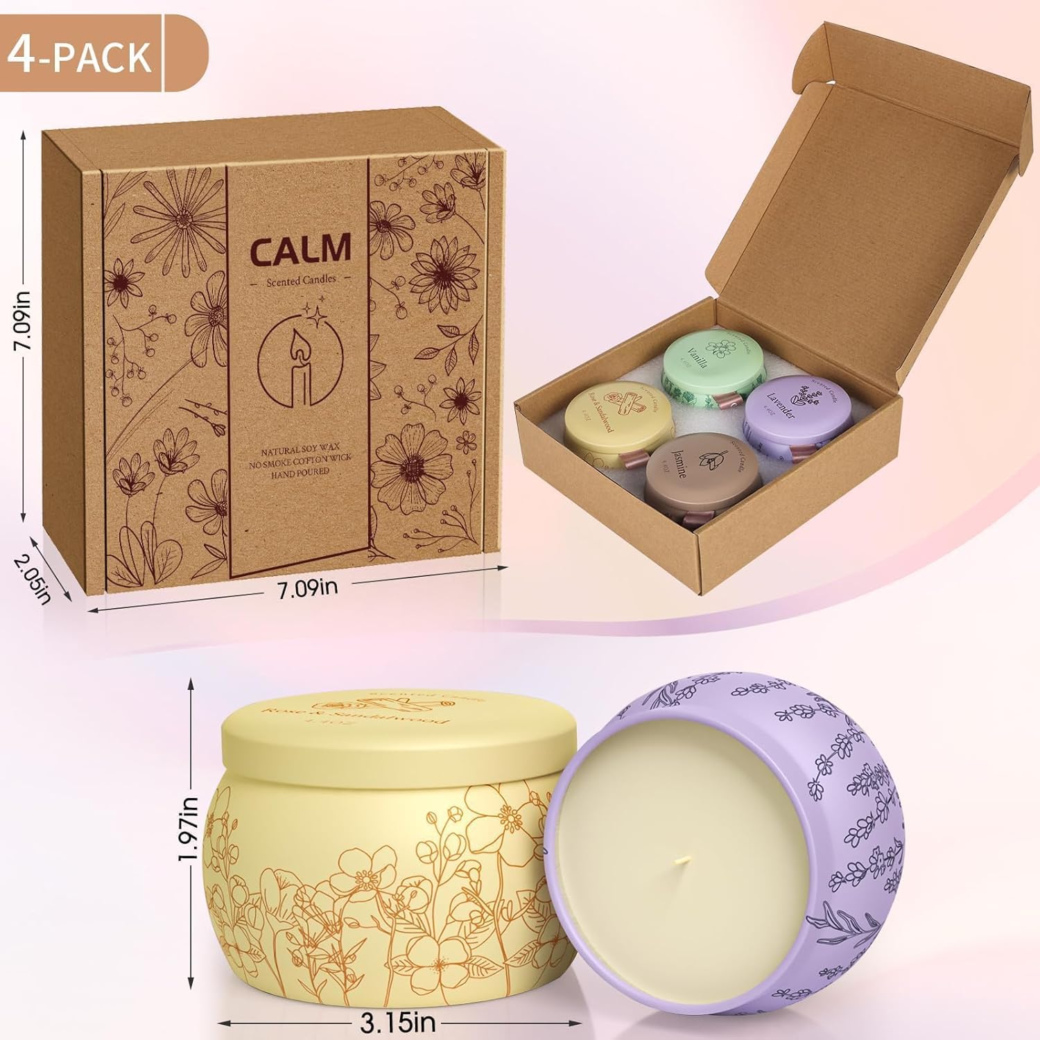 Scented Candles for Mom, 17.6oz Romantic Jar Candles for Women Girl Candle Set, 120H Burning, Soy Candle for Home Scented, Mother's Day,Birthday,Lavender | Vanilla | Rose & Sandalwood | Jasmine -4Pack - Image 2