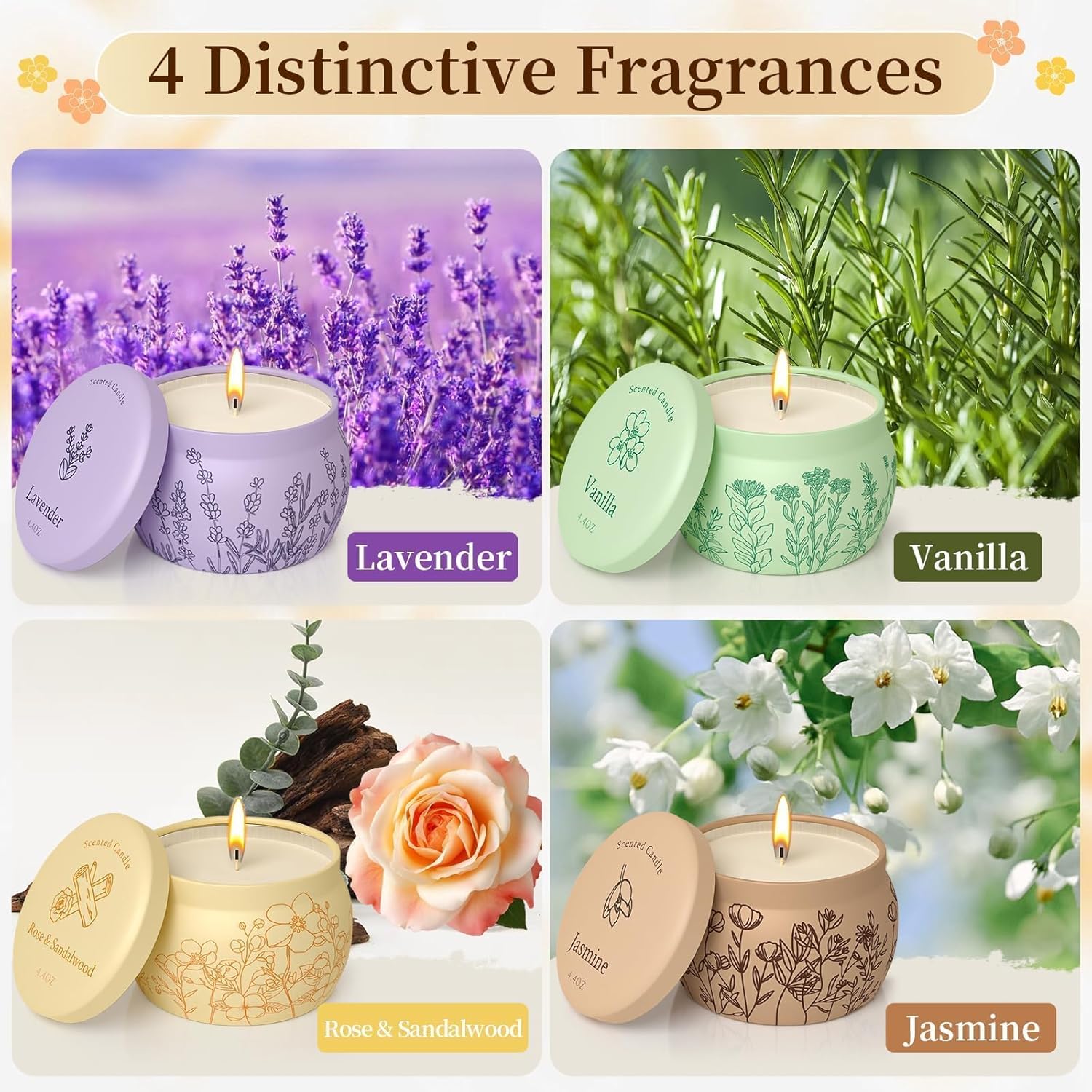 Scented Candles for Mom, 17.6oz Romantic Jar Candles for Women Girl Candle Set, 120H Burning, Soy Candle for Home Scented, Mother's Day,Birthday,Lavender | Vanilla | Rose & Sandalwood | Jasmine -4Pack - Image 3