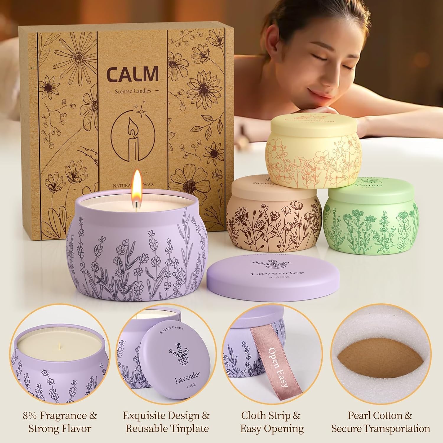 Scented Candles for Mom, 17.6oz Romantic Jar Candles for Women Girl Candle Set, 120H Burning, Soy Candle for Home Scented, Mother's Day,Birthday,Lavender | Vanilla | Rose & Sandalwood | Jasmine -4Pack - Image 4